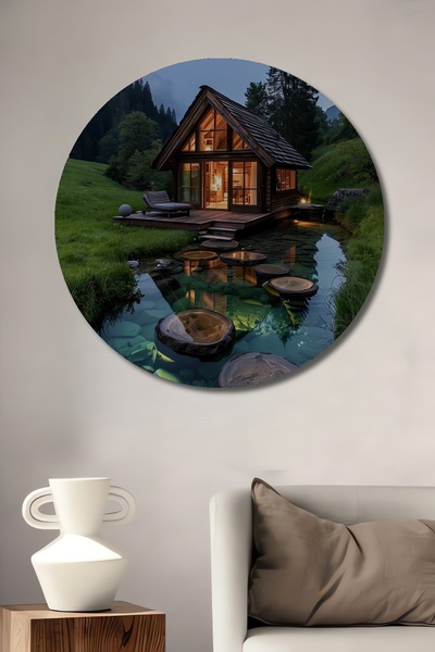 Teona Ahşap Pictură decorativă pe lemn cu aspect de casă și pârâu, peisaj nat...