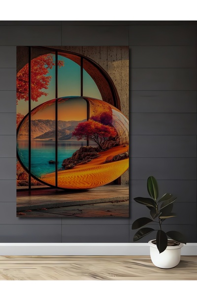 Teona Ahşap Fereastră rotundă cu vedere încântătoare la apus de soare, pictur...