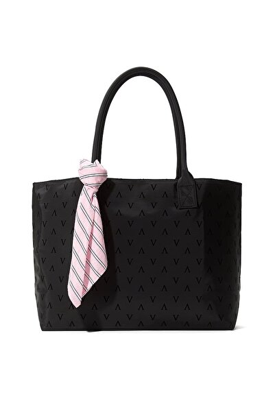 Victoria's Secret حقيبة يد سوداء ووشاح من الساتان الوردي