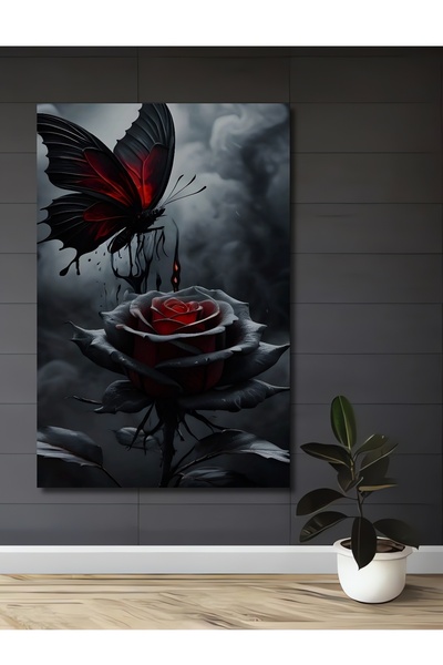 Teona Ahşap Pictură artistică cu fluture cu aripi roșii și trandafir negru