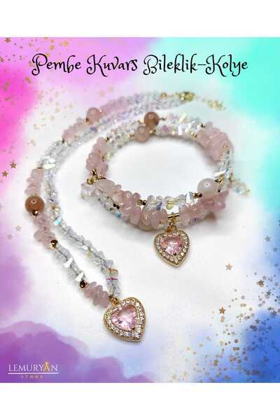 Herkimer Doğal Taş Pembe Kuvars Kadın Tasarım Kolye & Bileklik Doğaltaş Set
