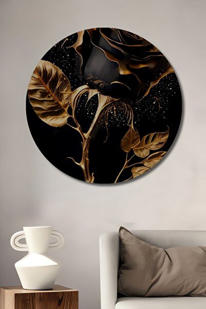 Teona Ahşap Tablou decorativ din lemn cu trandafir negru cu foițe de aur impr...