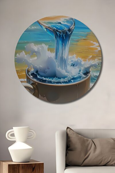 Teona Ahşap Pictură decorativă rotundă de perete, cu vedere la mare, ceașcă d...