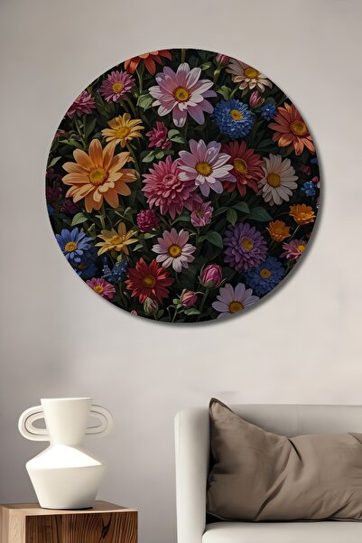 Teona Ahşap Pictură decorativă rotundă de perete cu flori colorate de grădină...