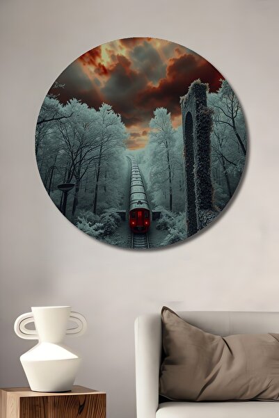 Teona Ahşap Pictură decorativă din lemn cu aspect de tren în cerul roșu și pă...