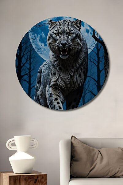 Teona Ahşap Pictură rotundă de artă forestieră cu Pantera de zăpadă și Lună P...