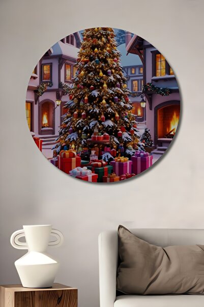 Teona Ahşap Pictură decorativă rotundă de perete cu aspect de lemn, cu brad d...