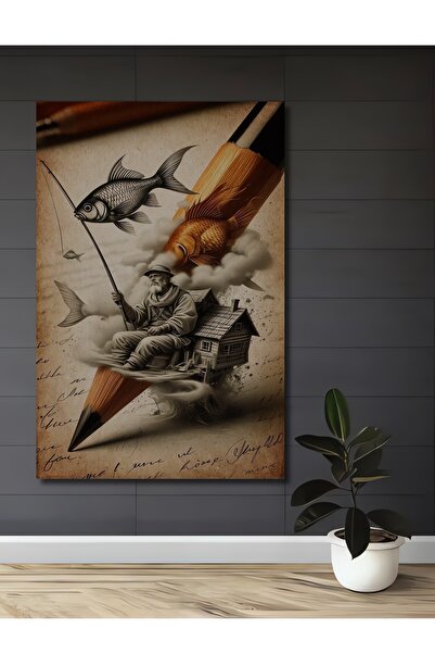 Teona Ahşap Διακοσμητικό Ξύλινο Πίνακα με τον Ψαρά Μπαμπά και τα Ψάρια σε στυ...