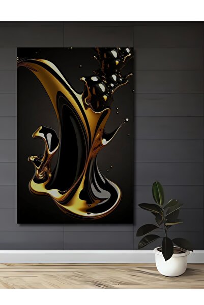 Teona Ahşap Pictură decorativă din lemn cu artă abstractă fluidă, auriu și negru