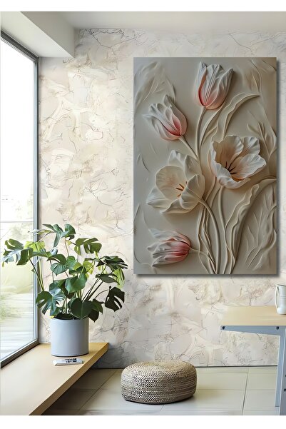 Teona Ahşap Baharın Narin Zarafeti Kabartma Lale Yağlı Boya Görünümlü Dekorat...