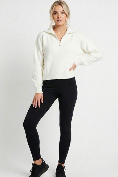 ABAY GİYİM Women's Soft Textured Half Zipper Sweater