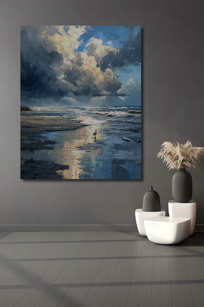 Teona Ahşap Deniz Kenarında Martı Manzaralı Yağlı Boya Görünümlü Modern Sanat...