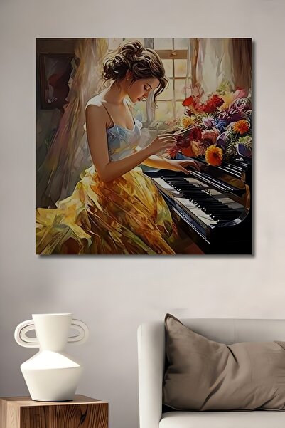 Teona Ahşap Romantik Piyano Kadını Sulu Boya Görünümlü Ahşap Dekoratif Ev,Ant...