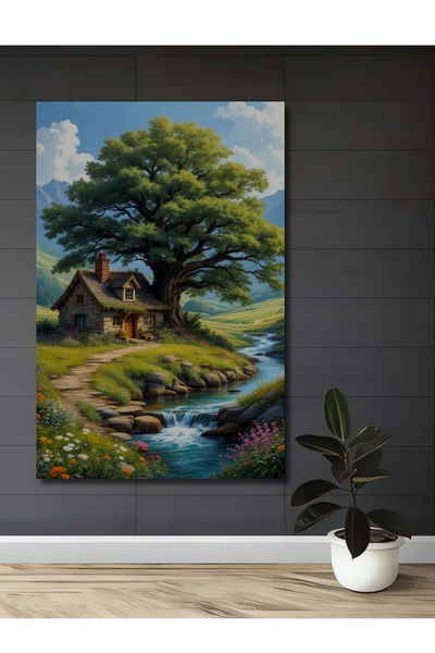 Teona Ahşap Masalsı Ev ve Şelale Manzaralı Yağlı Boya Görünümlü Ahşap Dekorat...