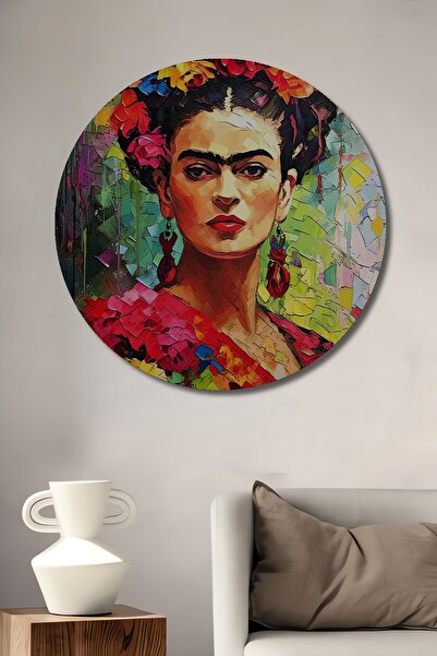 Teona Ahşap Frida Kahlo Yağlı Boya Görünümlü Dekoratif Ahşap Tablo Yuvarlak D...