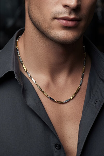 laria jewelry Paslanmaz Çelik Çift Renkli Çubuk Model Zincir Kolye