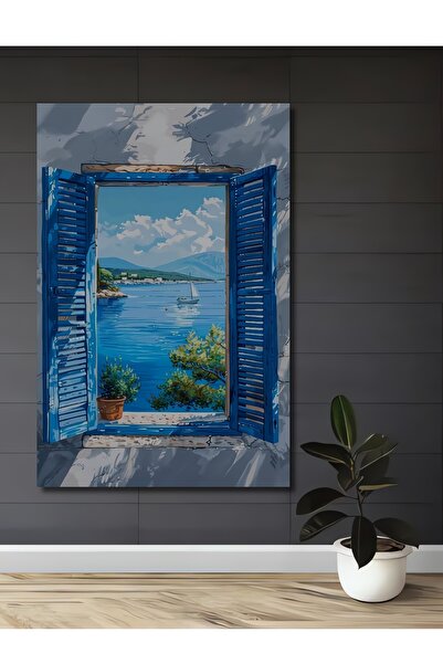 Teona Ahşap Mavi Pencereden Ege Esintisi Sulu Boya Görünümlü Ahşap Dekoratif ...