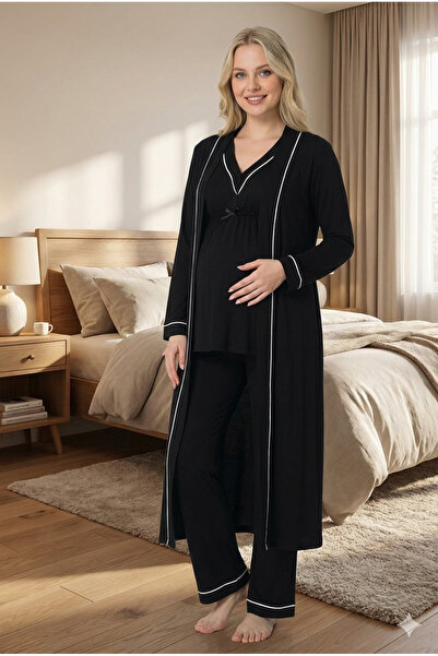 Lohussa New Season Black Piped Special Design 100% Cotton Long Sleeve Maternity Dressing Gown, Pajama Set