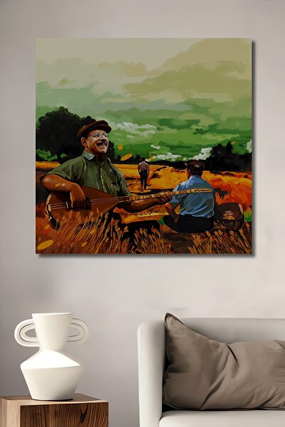 Teona Ahşap Köy Yaşamı Bağlama Çalan Adamlar Yağlı Boya Görünümlü Ahşap Dekor...