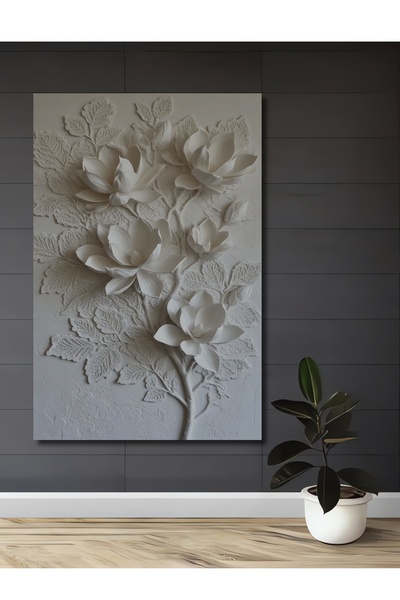 Teona Ahşap Beyaz Magnolia Ağacı Kabartma Ev,Antre,Salon,Ofis,Mutfak,Yatak Od...