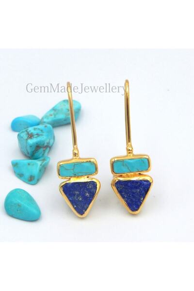 alpsilverart Kadınlar için El İşi Gümüş Altın Kaplama Ham Lapis Ve Turkuaz Ta...