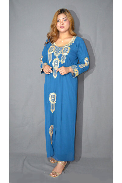 Zainah Elegant Traditional Arabian Maxi Dress -Heavy Gold Embroidery & Crystal Work Long Sleeve Modest Wear