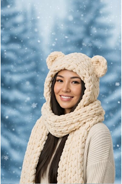 Cheecky Chic İpekish Beyaz Ayı Kulaklı Örgü Bere Atkı Seti | Kadın Kışlık Yum...