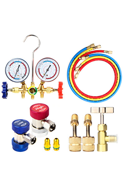 Choice4 مجموعة من 5 مقاييس ضغط جديدة لمكيف الهواء مع خرطوم وخطاف، مجموعة مقاي...