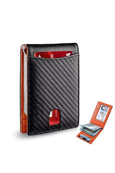 Choice محفظة رجالية فاخرة من الجلد بلون برتقالي كربوني، مزودة بحامل نقود بتقنية RFID، رفيعة وخفيفة الوزن، مناسبة لحمل البطاقات القصيرة.