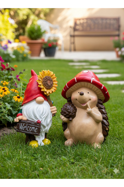 İki Cadı Tasarım Welcome Çicekli Cüce Ve Kirpi İkili Set, Dekoratif Polyester...