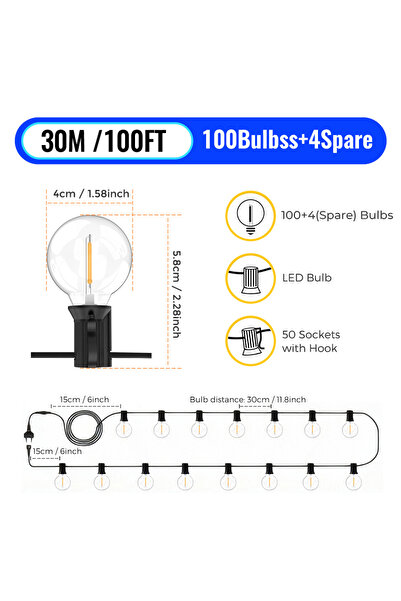 Choice سلسلة إضاءة خارجية كروية الشكل من نوع G40 بطول 30 مترًا و100 مصباح، مص...
