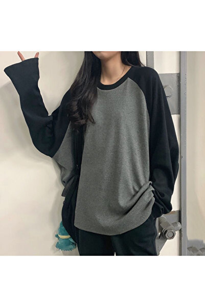 Choice تيشيرت نسائي جديد رمادي اللون، بياقة دائرية وأكمام طويلة بلون متباين، ...