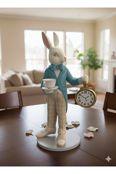 İki Cadı Tasarım Saat Tutan Fincanlı Tavşan Dekoratif Polyester Obje