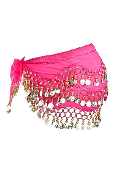 Generic Chiffon Waist Belt for Belly Dance with Golden Pendants Red Pink/Gold