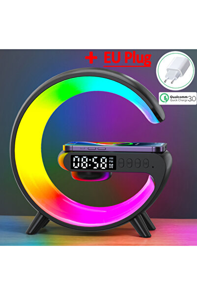 Vikefon مكبر صوت بلوتوث متعدد الوظائف أسود اللون بتقنية QC3.0 EU، مزود بإضاءة ليلية RGB بقوة 15 واط وحامل شاحن لاسلكي.