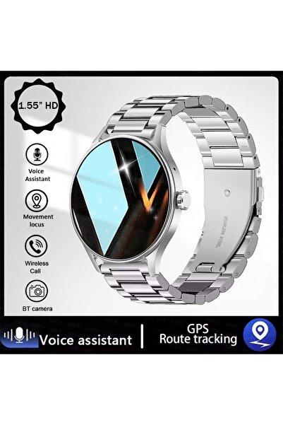 Choice ساعة ذكية أنيقة بحزام من الفولاذ الفضي، مقاس 1.55 بوصة عالية الدقة، من...