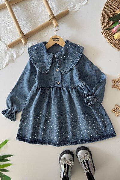 Minigimin Cicileri My Little One's Stone Detailed Denim Dress for Girls - Dar...