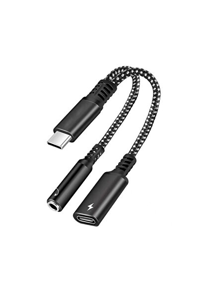 Choice محول Byscoon أسود 2 في 1 من USB Type-C إلى AUX 3.5 ملم، كابل صوت Type-C 3.5 ملم، كابل سماعة أذن