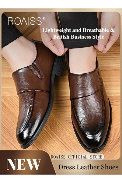 ROAISS Men Business Formal Leather Shoes Genuine Leather British Style Slip o...