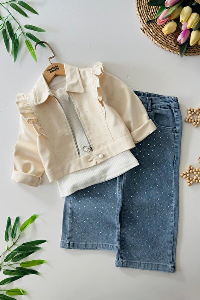 Minigimin Cicileri Costum pentru fetiță Miniğimin Cicileri cu jachetă elegantă și pantaloni din denim cu strasuri - bej