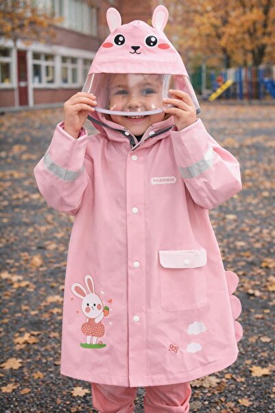 Katia&Bony Girl's Rabbit Patterned Raincoat with Hat Pink