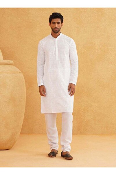 Generic unstitch Pure Cotton White Kurta & Churidar Set for Men