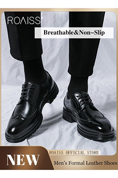 ROAISS Formal Leather Shoes for Men Round Toe Slip on Brogue Pattern Breathab...