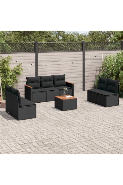 vidaxl طقم كنب حديقة مكون من 8 قطع مع وسائد، مصنوع من خشب الروطان الصناعي الأسود