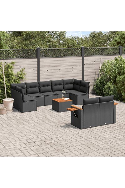 vidaxl طقم أريكة حديقة مكون من 10 قطع مع وسائد، مصنوع من خشب الروطان الصناعي ...