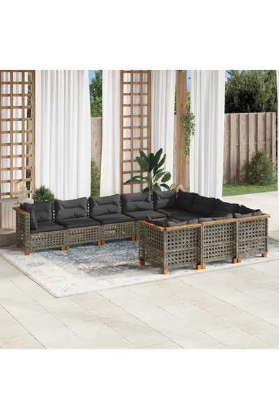 vidaxl طقم أريكة حديقة مكون من 10 قطع مع وسائد، مصنوع من خشب الروطان الصناعي الرمادي