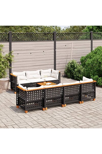 vidaxl طقم كنب حديقة مكون من 8 قطع مع وسائد، مصنوع من خشب الروطان الصناعي الأسود