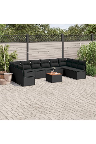 vidaxl طقم أريكة حديقة مكون من 11 قطعة مع وسائد، مصنوع من خشب الروطان الأسود.