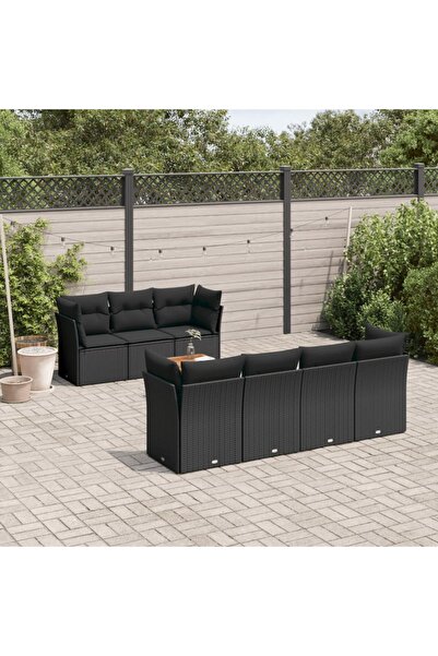 vidaxl طقم كنب حديقة مكون من 8 قطع مع وسائد، مصنوع من خشب الروطان الصناعي الأسود