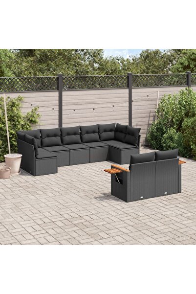 vidaxl طقم أريكة حديقة مكون من 9 قطع مع وسائد، مصنوع من خشب الروطان الصناعي ا...